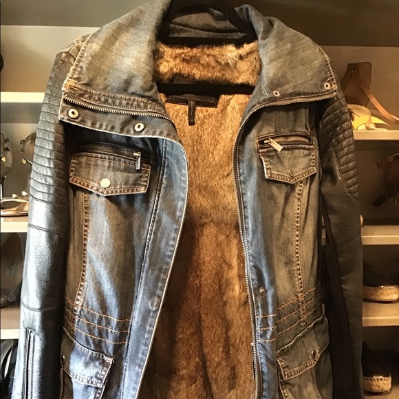 bcbg denim and leather jacket